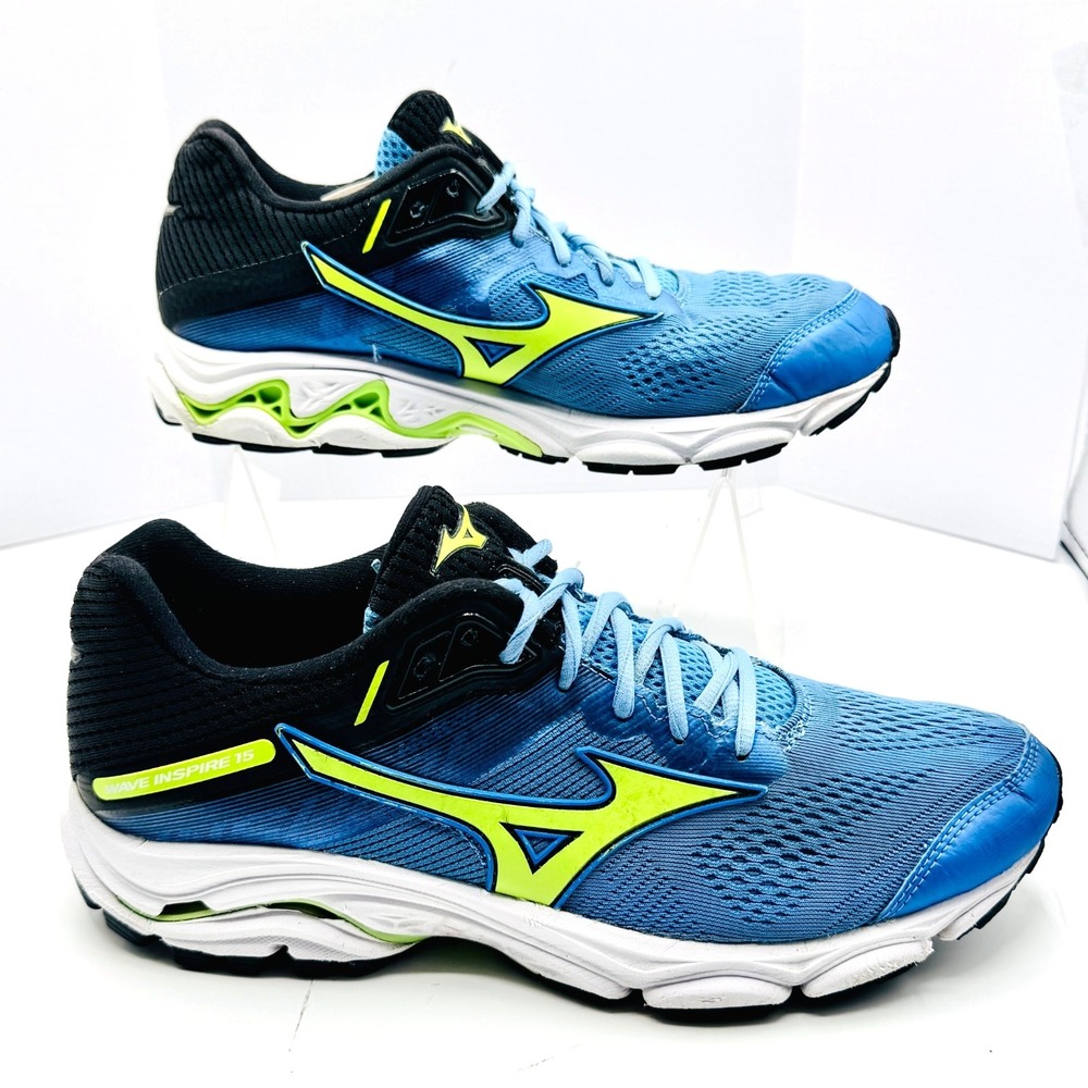 Mizuno WAVE INSPIRE 15 Men's US Sz 9 W 10 ½ Running Shoes Blue/White/Neon Green